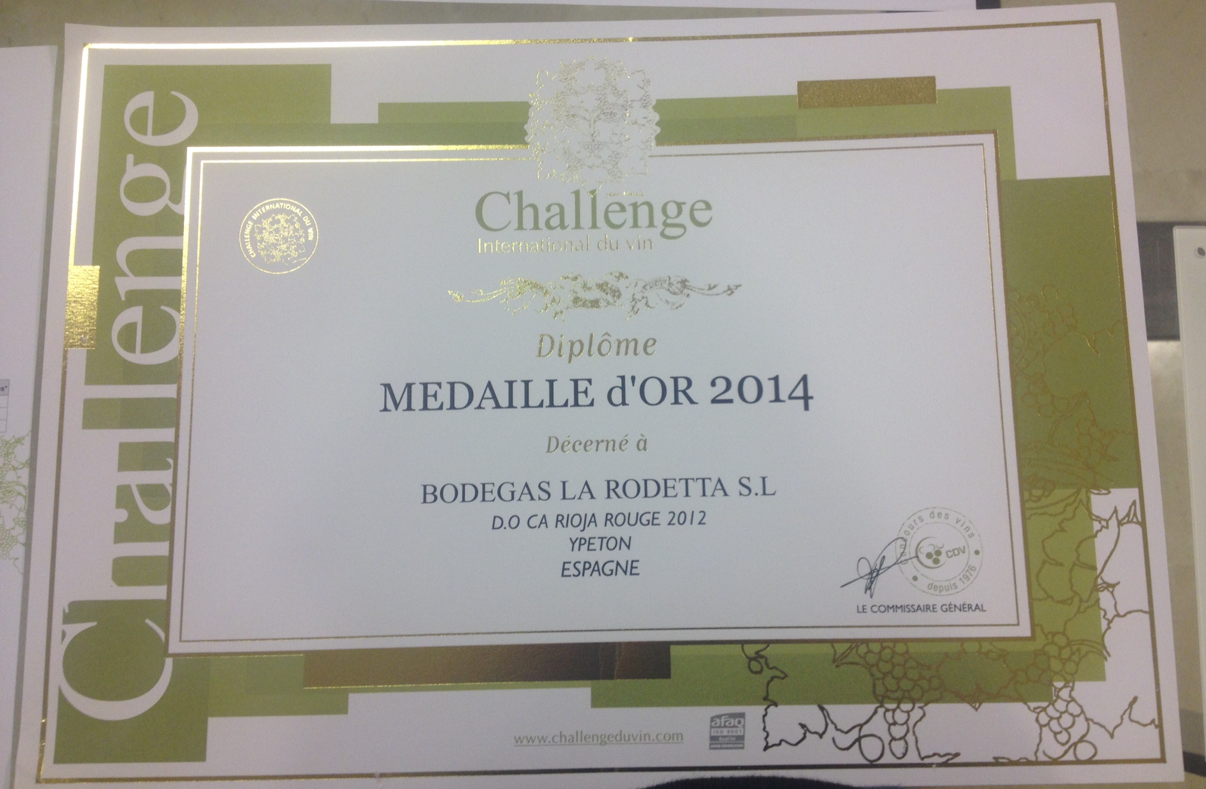 Medalla de Oro en el Challenge International du Vin 2014